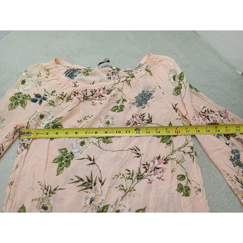 Fever Peach Floral Sheer Bell Sleeve And Hem Perforated Detail Boho Top Womens M